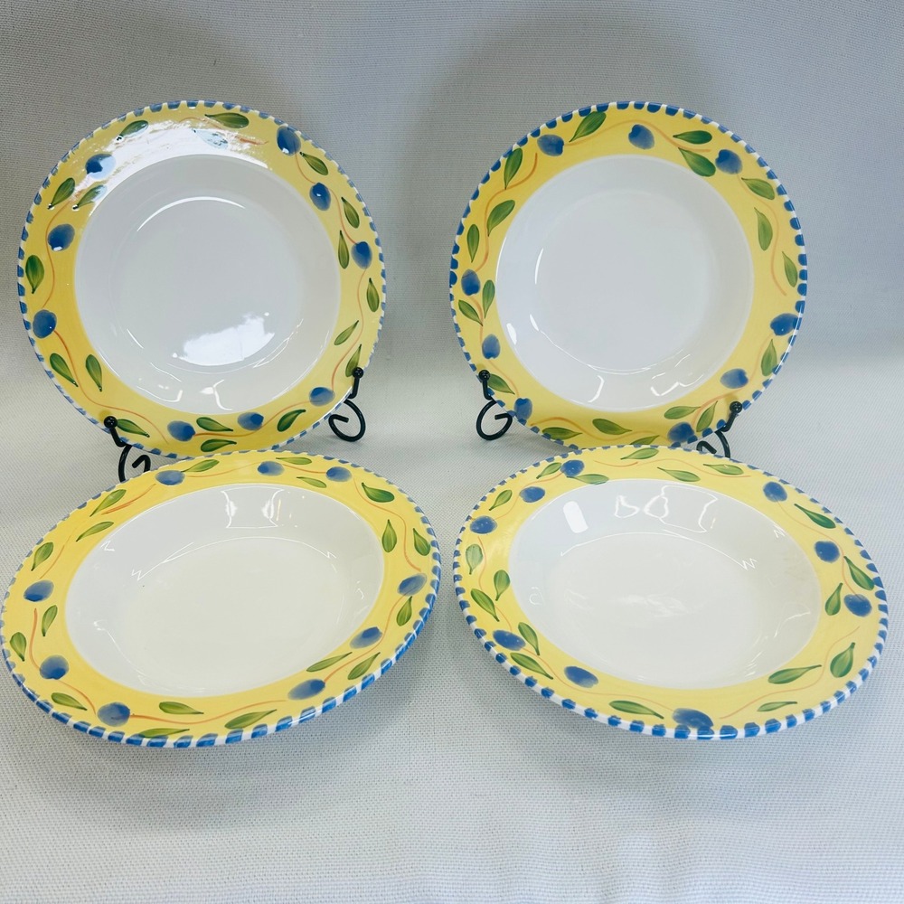 Pier 1 Palermo Soup Pasta Bowls Set of 4 8.75" Yellow Blue Olive Italy Tuscan